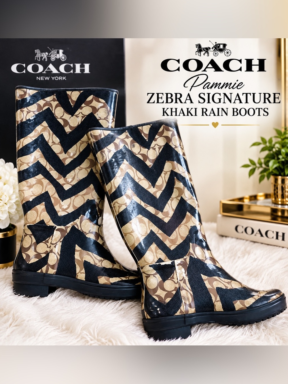COACH Khaki & Black Chevron Zebra Signature Rain Boots